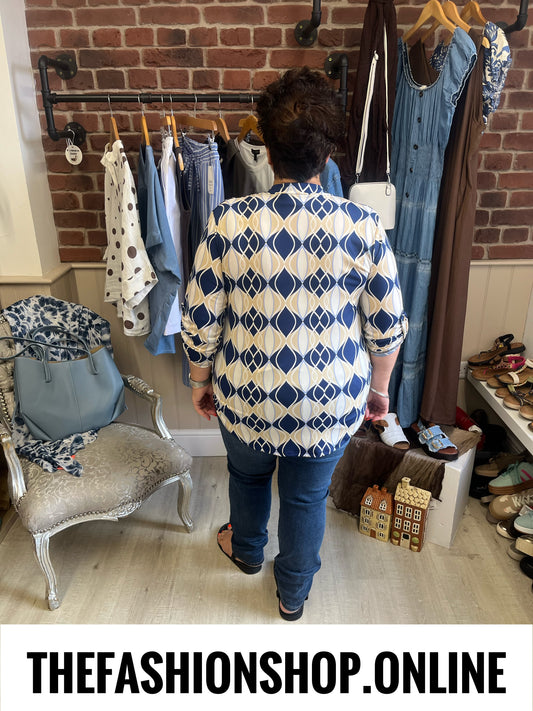 Jasmine navy and beige geometric print blouse 14-22