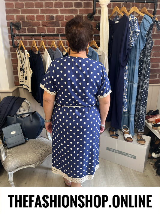 Carolyn navy linen mix polka dot dress 12-16