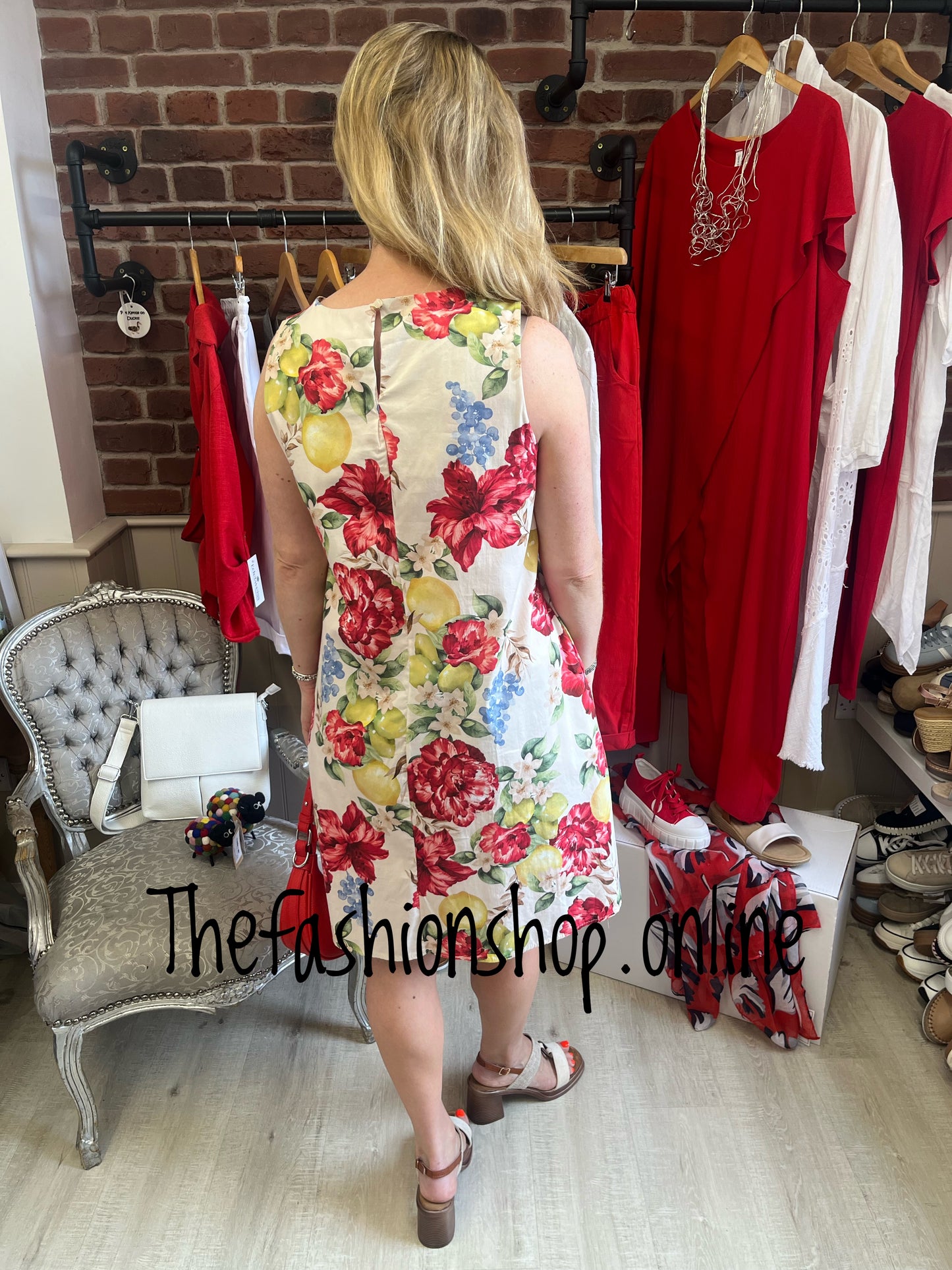 Tia red flowers and lemons shift dress 8-14
