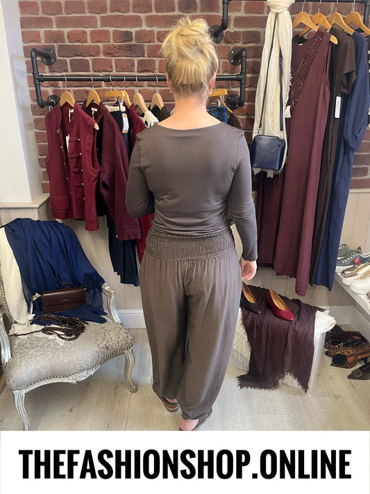 Alice shirred waist brown harem trousers 10-16