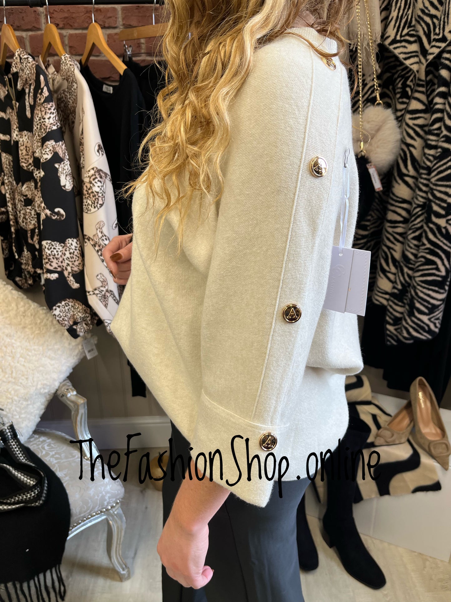 Hallie beige jumper with gold button detail 10-16