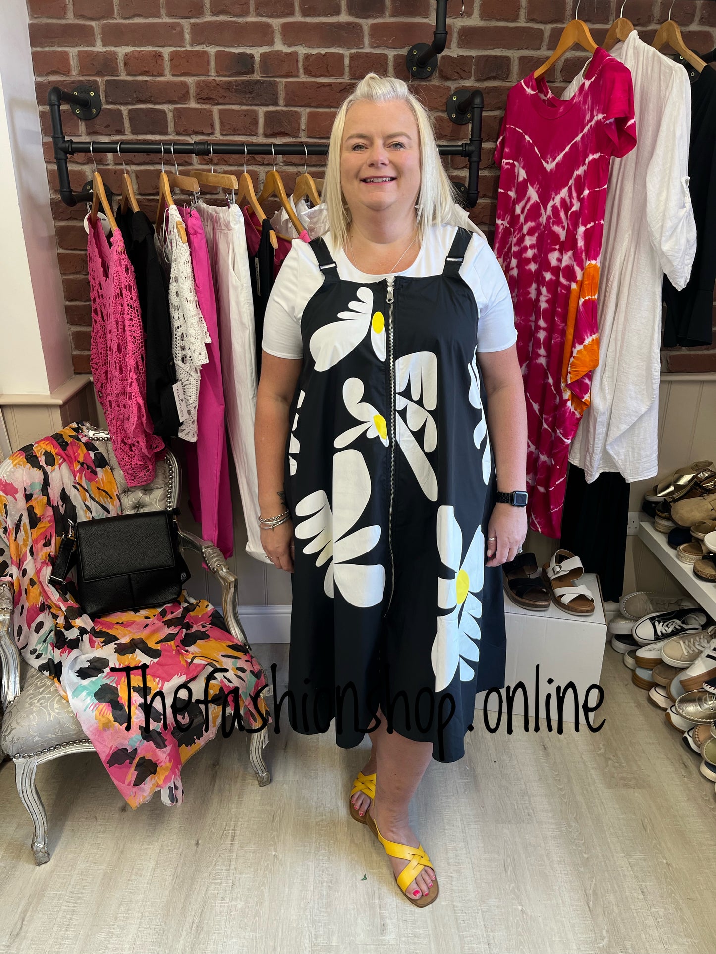 Fly Out black daisy pinafore dress in two colours 14-22
