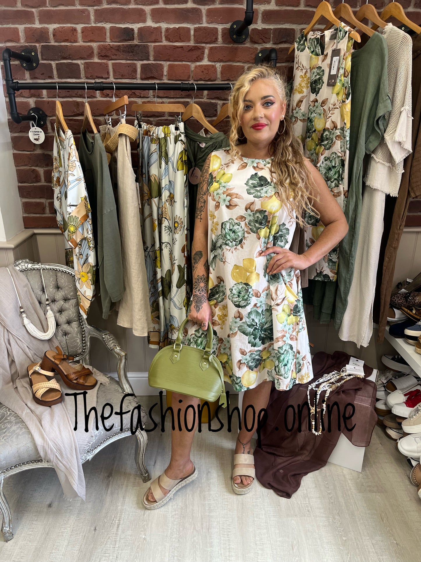 Tia green flowers and lemons shift dress 8-14