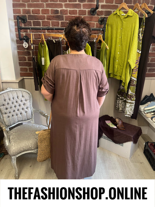 Ashley brown linen mix dress 14-22