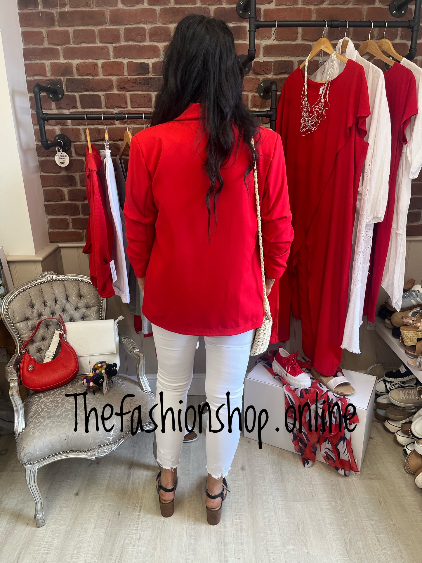 Imogen red blazer with ruched sleeves 10-16