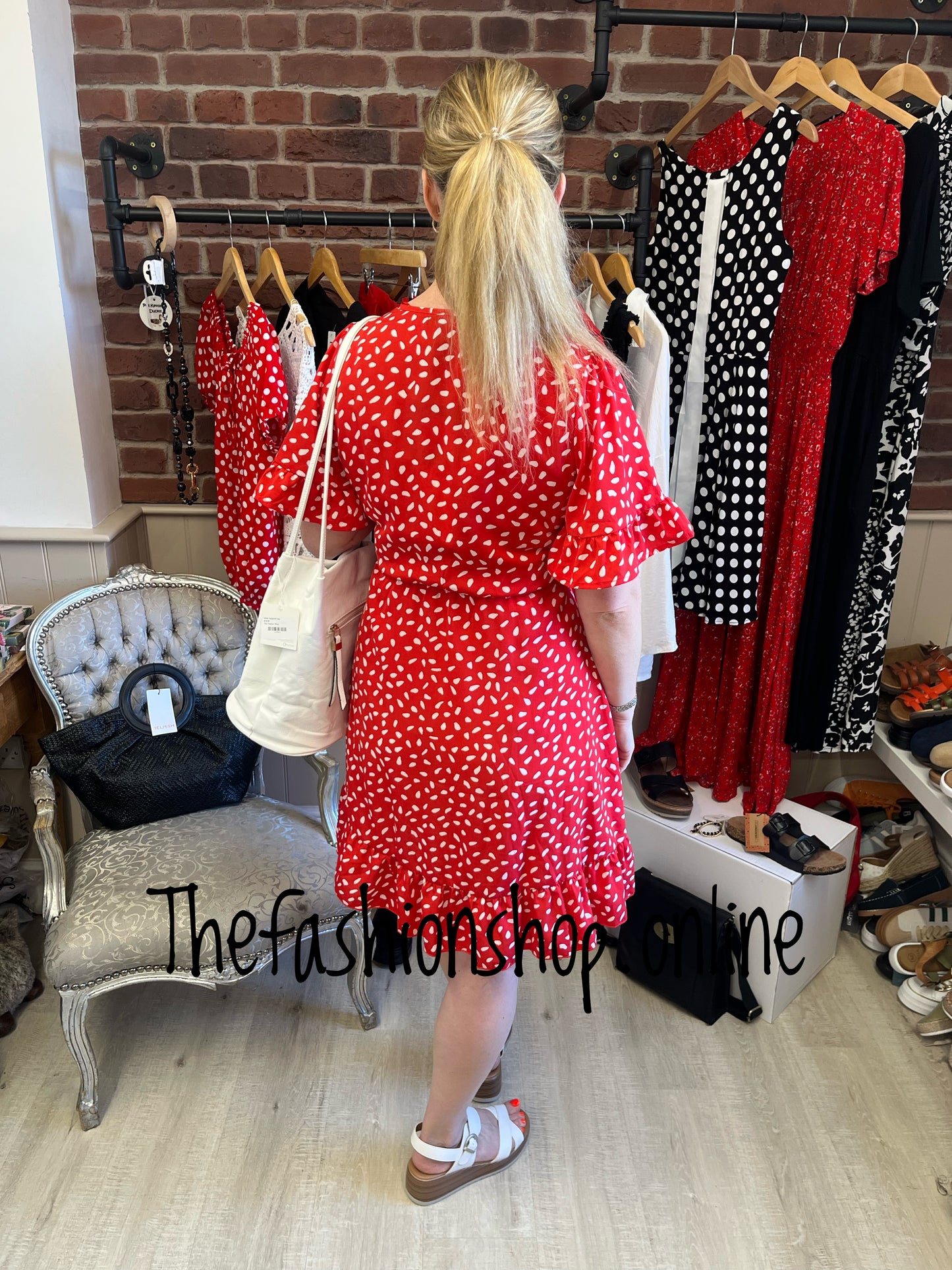 Red and white crossover knee length dress sizes 8-16