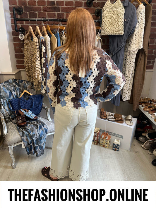 Liv brown, blue and cream crochet cardigan 8-10 and 12-14