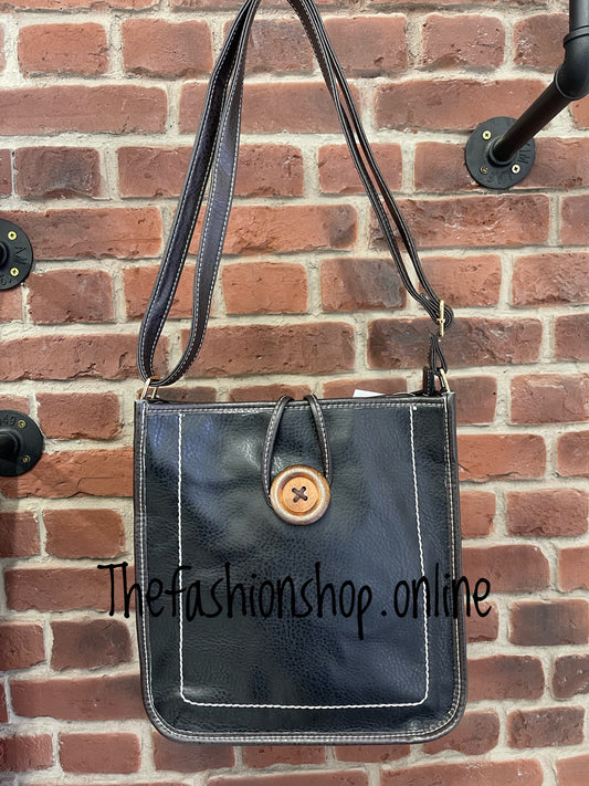 Lexi Shoulder Bag With Button and Stitch Detail in Black