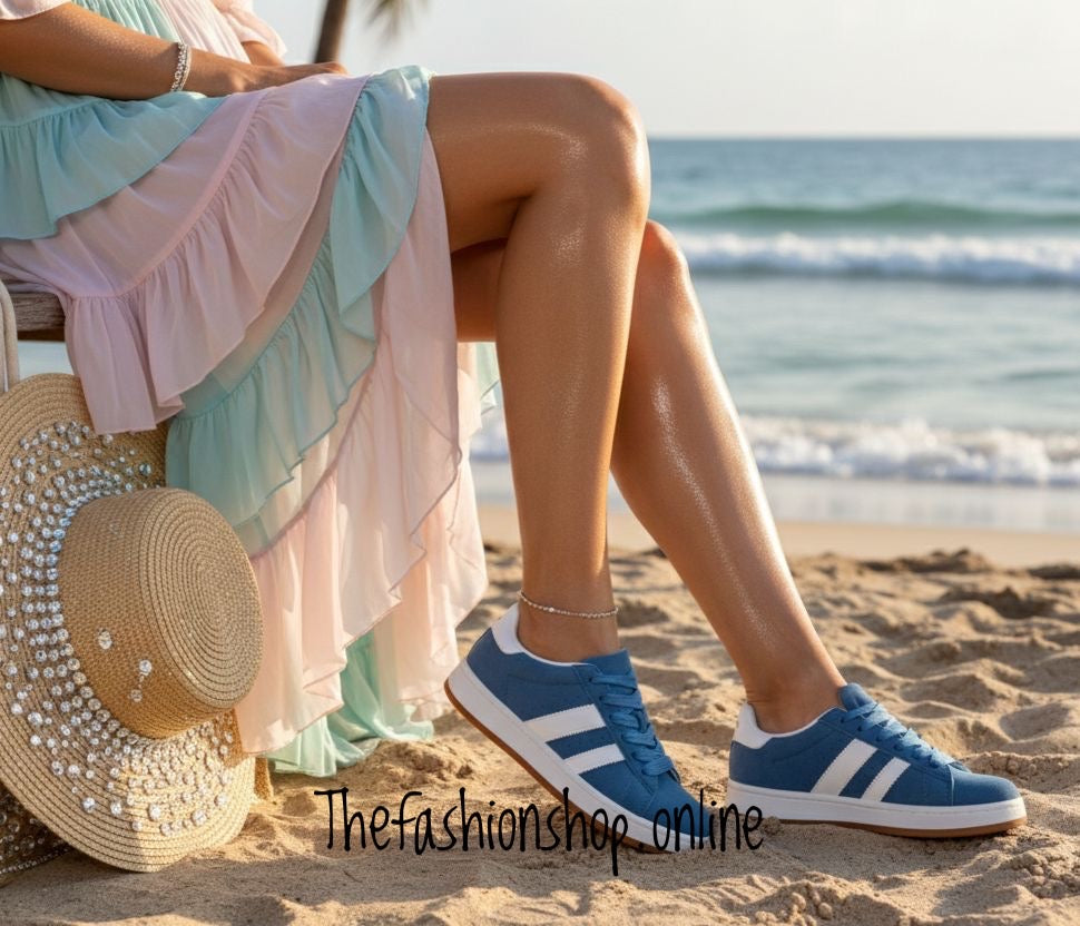 Elsie blue twin stripe faux suede trainers sizes 3-8 (36-41)