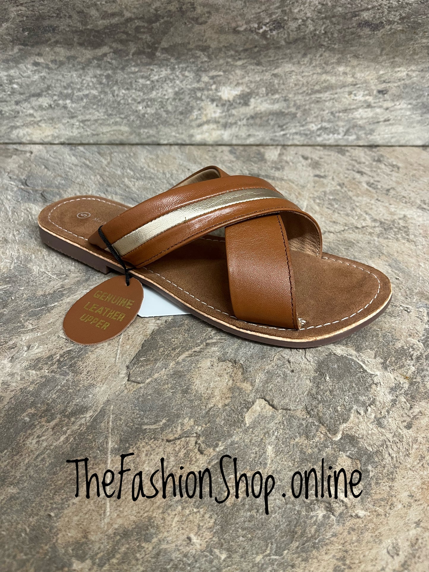 Anthena tan and gold leather mules sizes 3-8 (36-41)