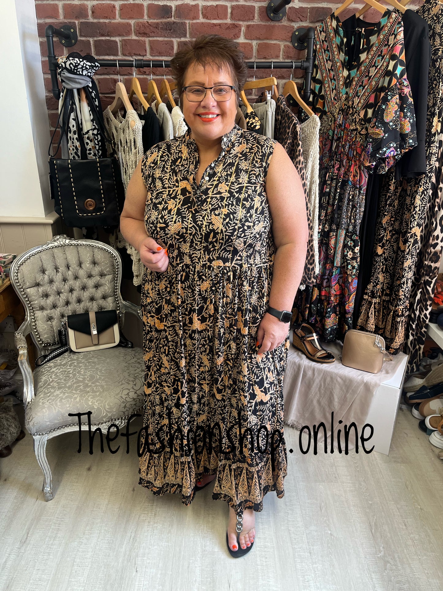 Opulent Annabelle gold and black leaf maxi dress sizes 10-12, 14-16 and 18-20
