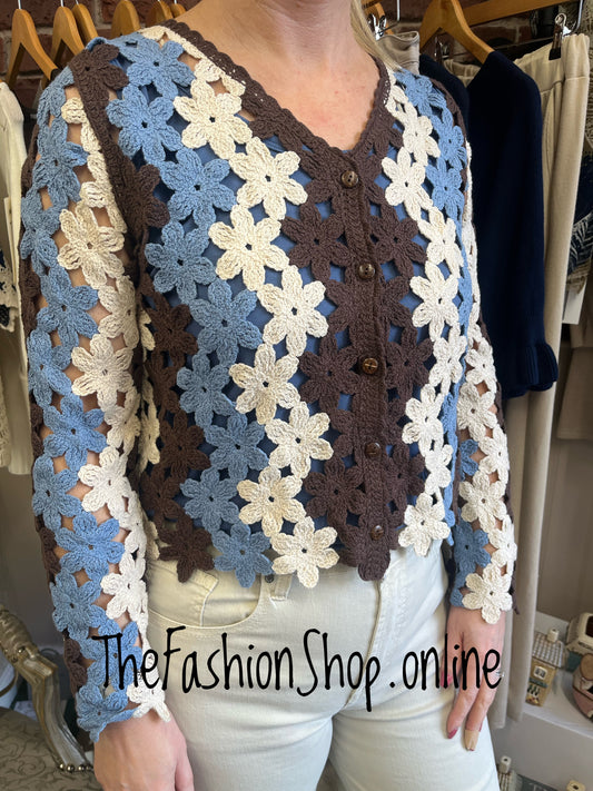 Liv brown, blue and cream crochet cardigan 8-10 and 12-14