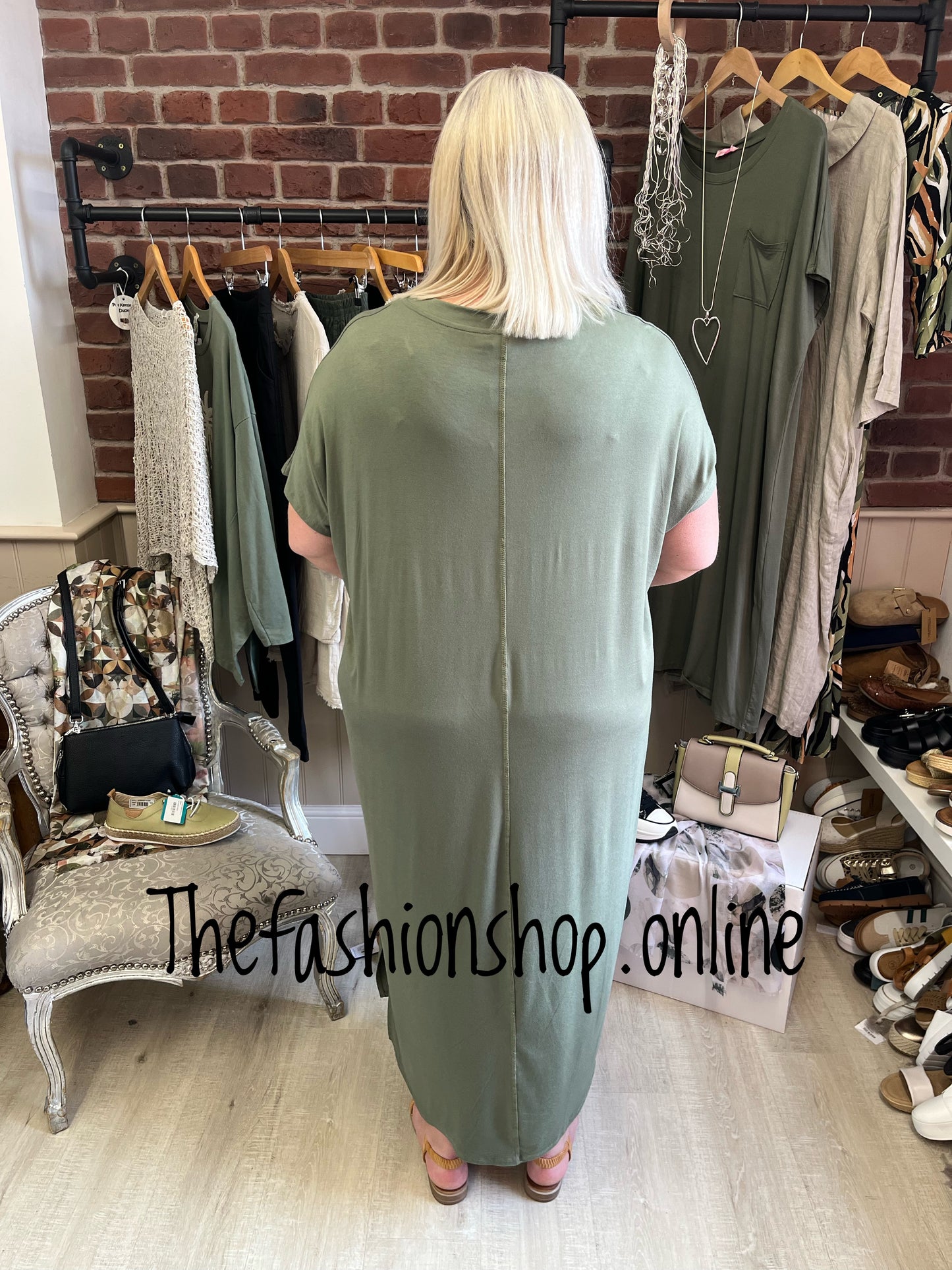 Khaki V neck dress up dress down dress with side split 16-26