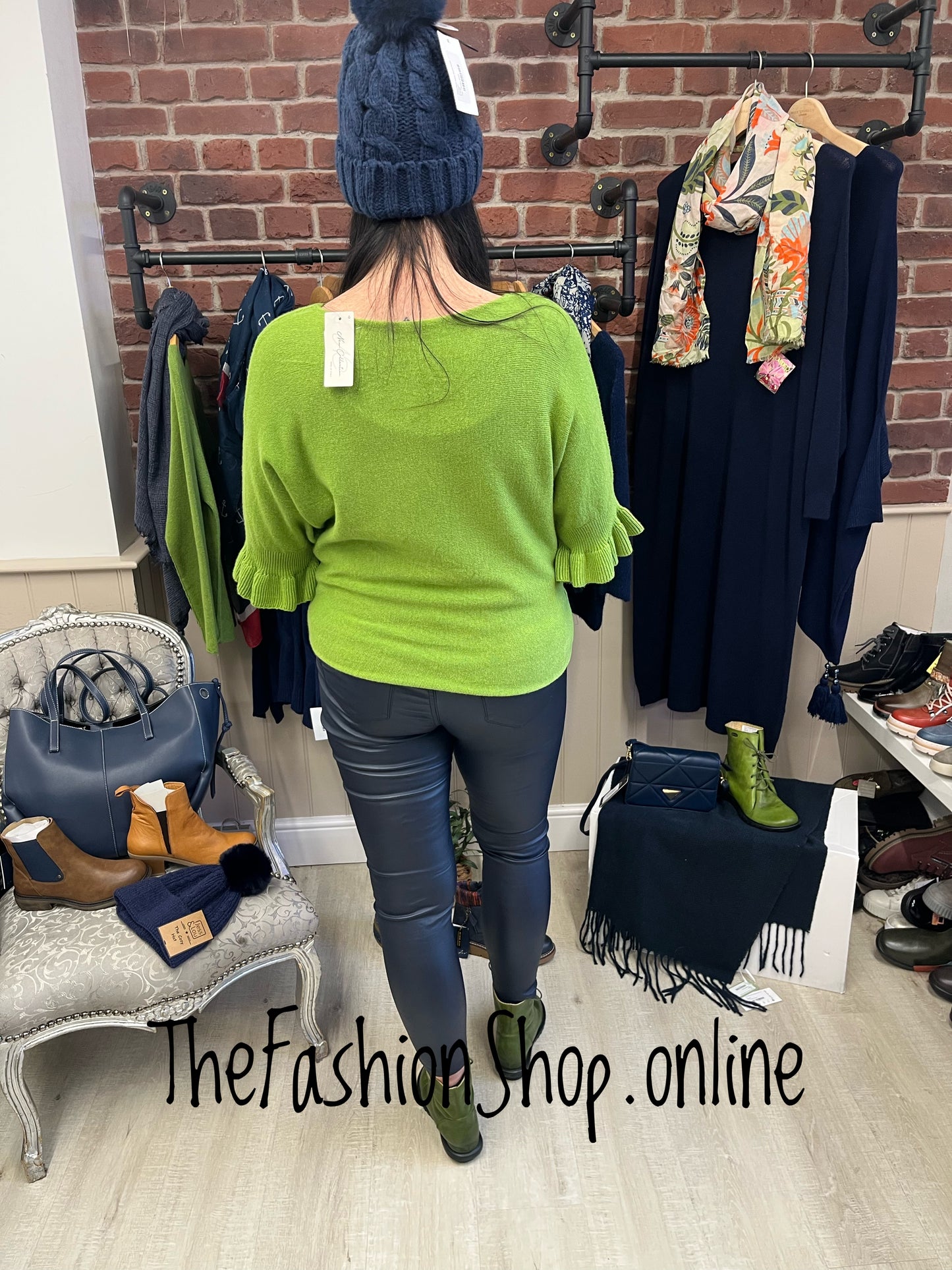 Tess green jumper with frill sleeve 8-14