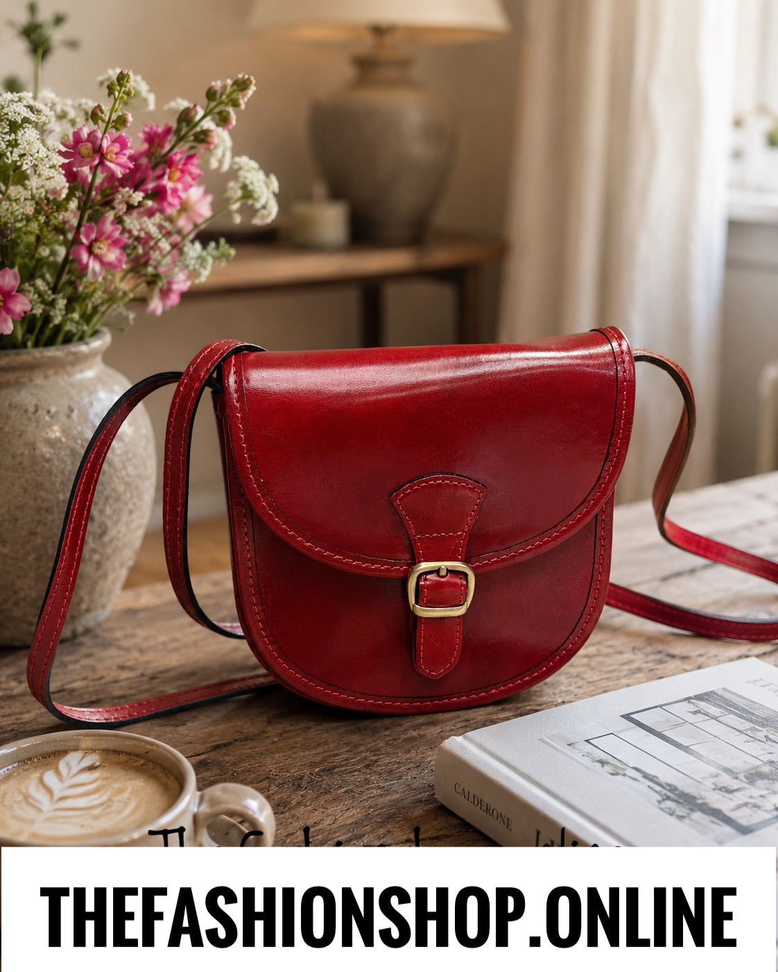 Vintage-Style Italian Leather Saddle Crossbody Bag in Oxblood Red