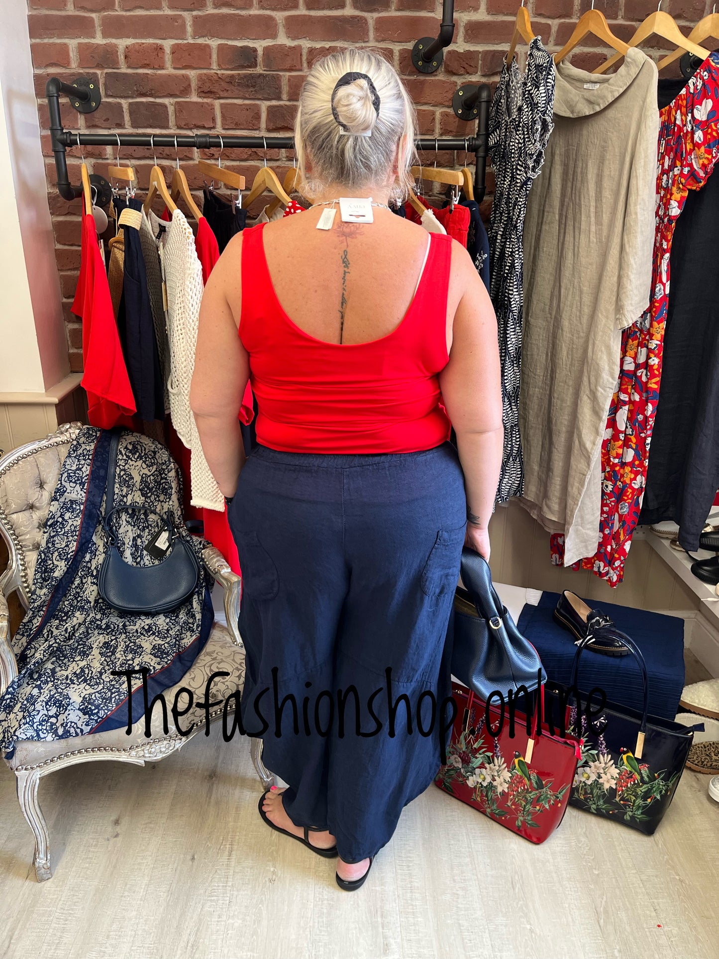 Kali navy back pocket linen trousers 10-18