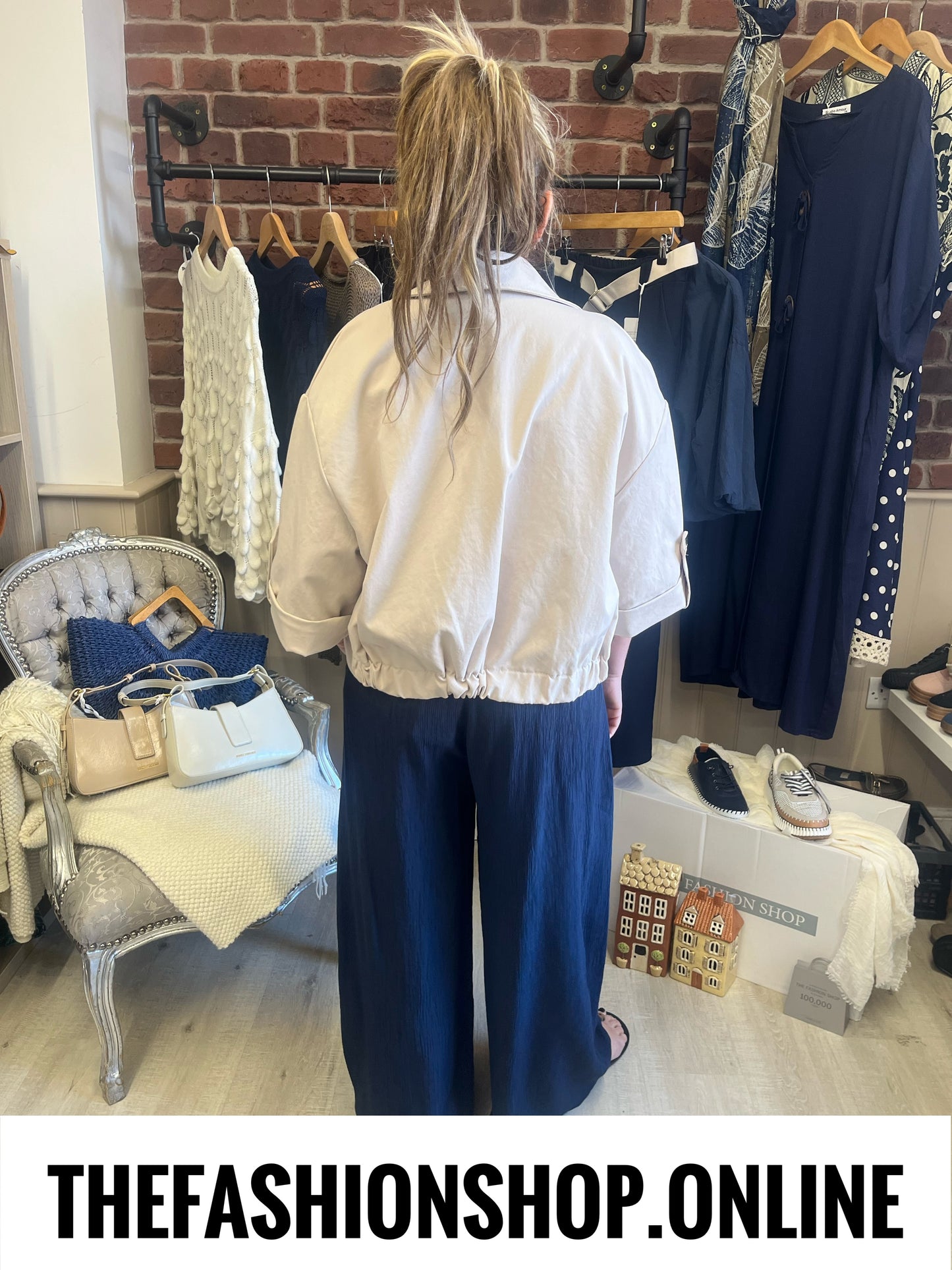 Elise navy wide leg ripple trousers 10-18