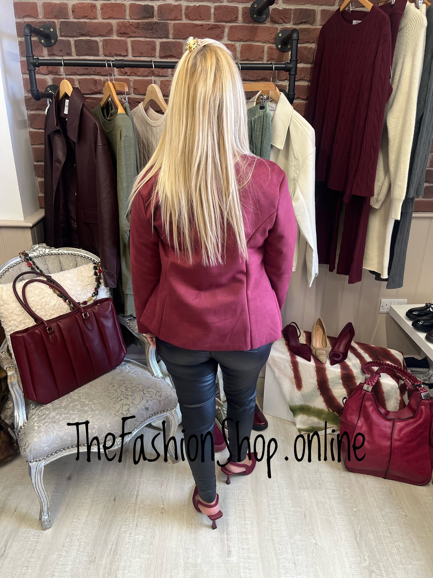 Rebecca wine faux suede waterfall jacket 8-14