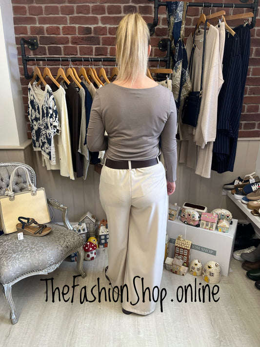 Isla beige wide leg trousers with belt 8-14