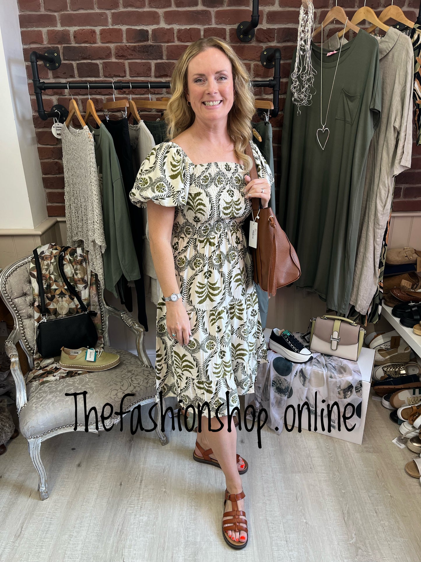 Darcy khaki and cream midi dress sizes 8, 10 and 12