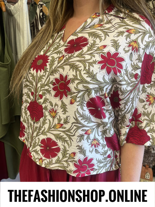 Sholah wine and green floral top 10-16