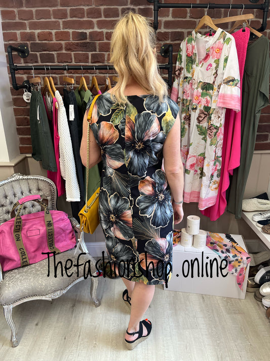 Julie black large flowers shift dress 8-14