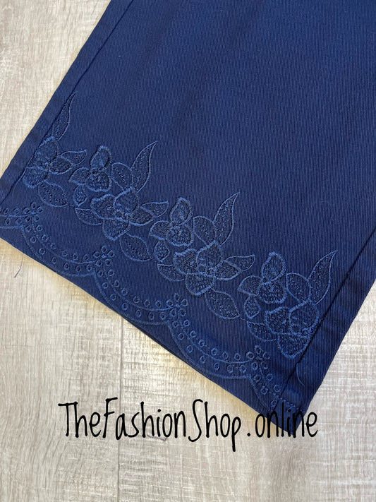 Debbie navy floral hem jeans sizes 10, 12, 14 and 16