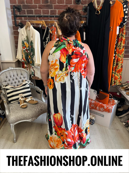 Deena black striped floral dress 12-20