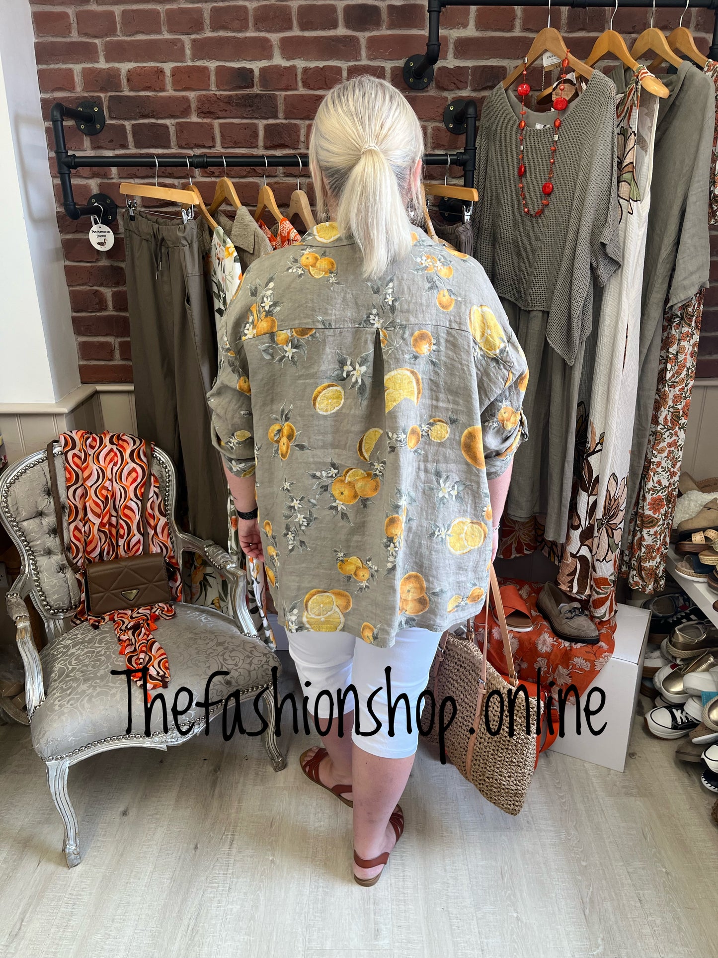 Terri mocha linen shirt with oranges 12-18