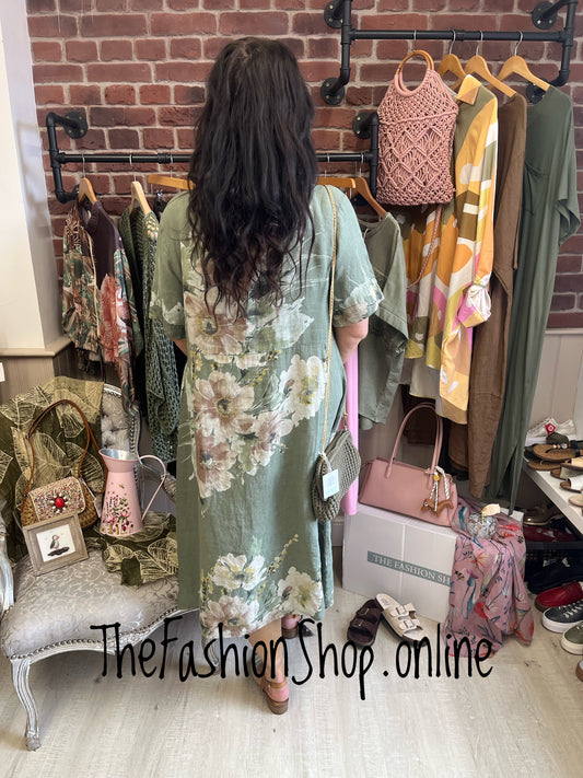 Lucille khaki linen floral dress 12-18