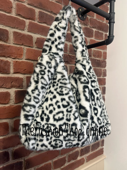 Harlow White leopard print faux fur shoulder bag