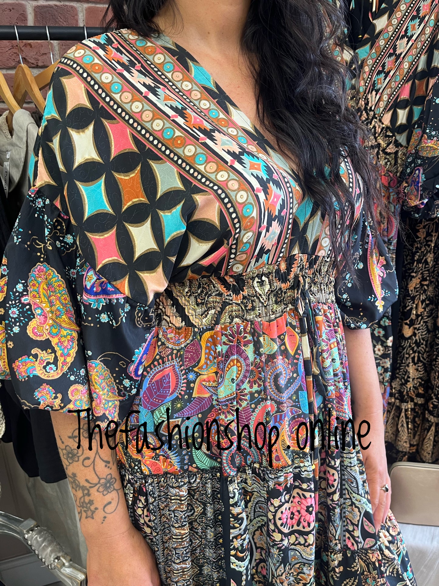 Opulent Clementine multi print tiered kimono dress sizes 8-10, 12-14 and 16-18
