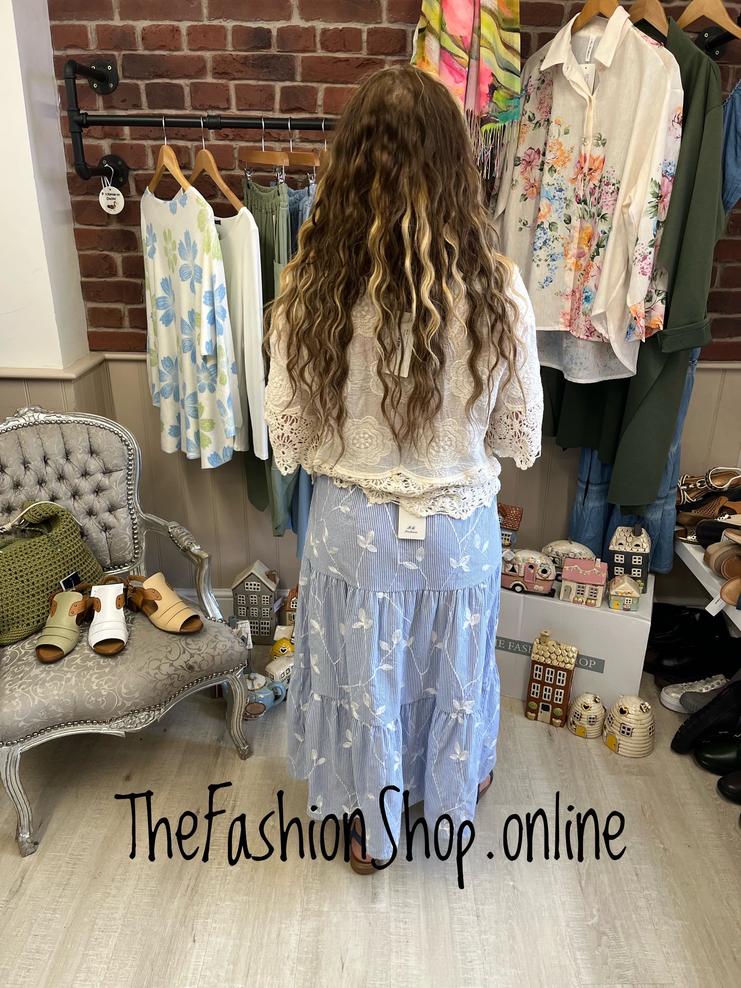 Carly blue striped tiered maxi skirt 8-10, 12-14 and 16-18