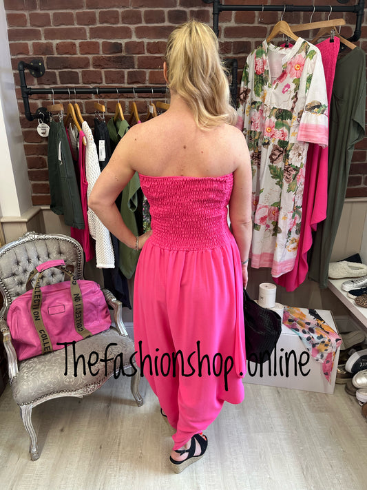 Hot pink halter neck shirred jumpsuit 8-16