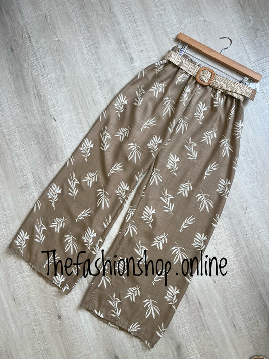 Athena camel printed linen mix trousers with belt 8-16