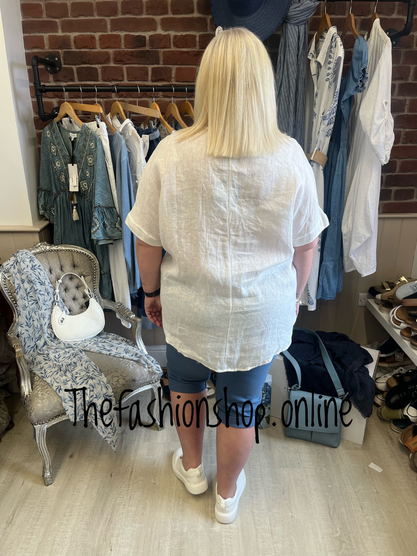 Fly Out blue and white linen high low top 14-18