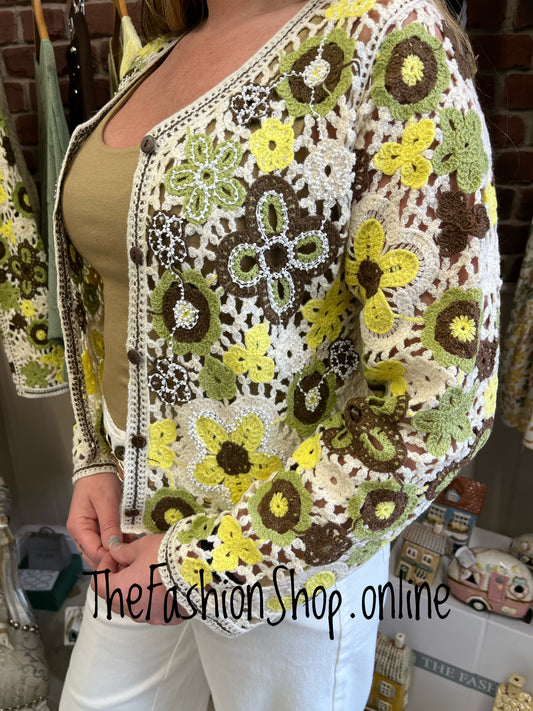 Maddy yellow and green embellished crochet cardigan 8-10 and 12-14