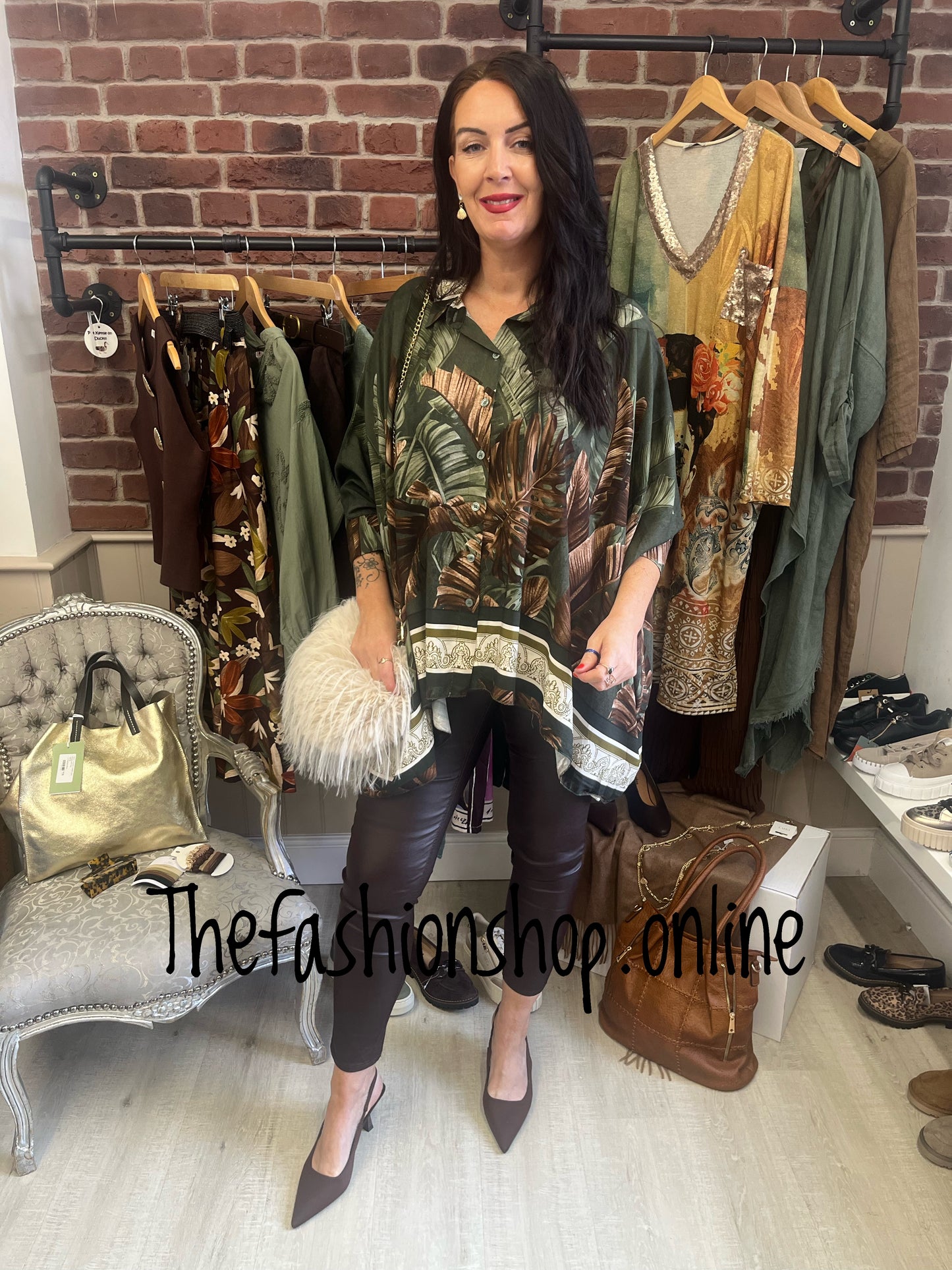 Kara khaki dipped hem leaf shirt 8-18