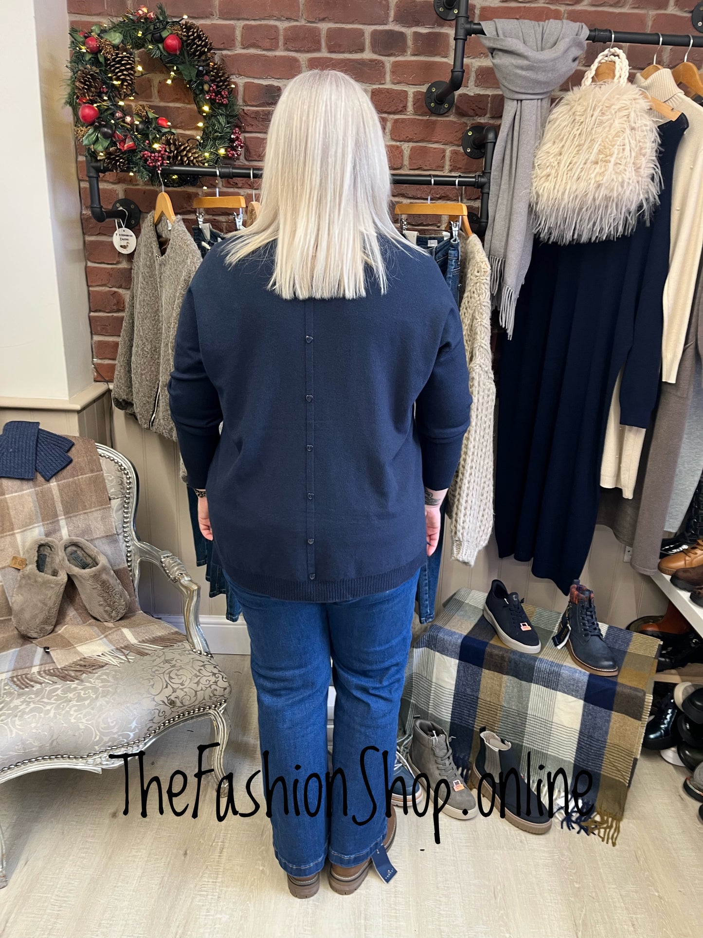Hannah navy wool mix button back jumper 12-20