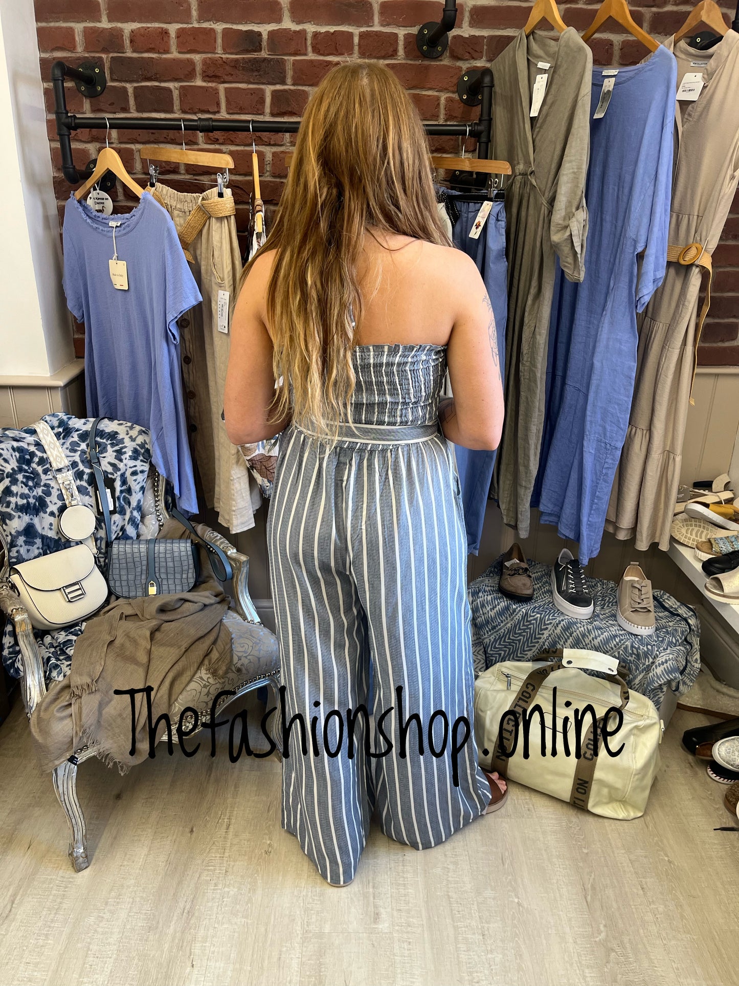 Nancy denim blue pinstripe jumpsuit sizes 12, 14 and 16