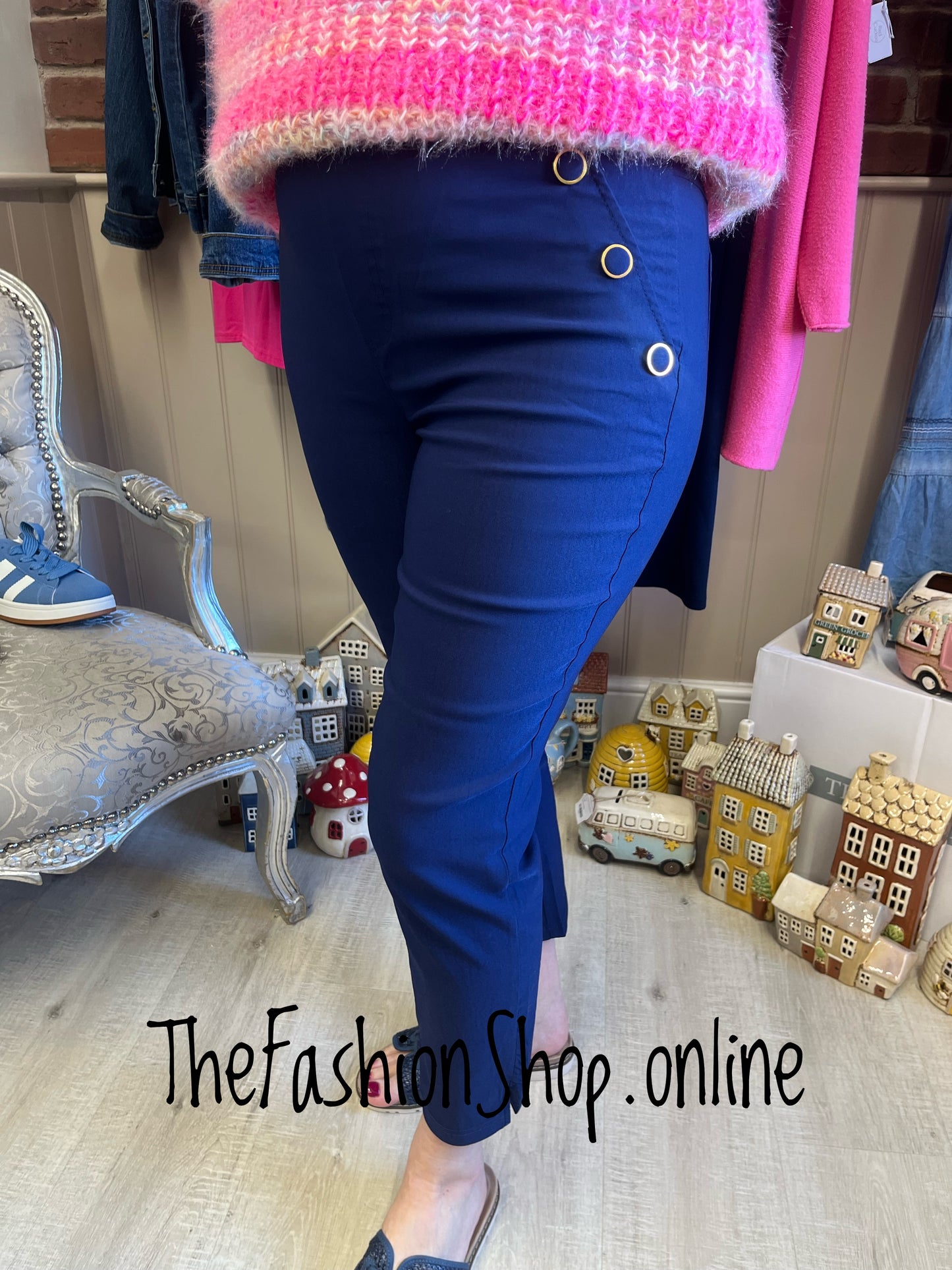 Kelsey navy cropped button trousers sizes 10-18