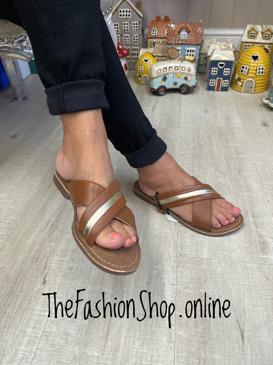 Anthena tan and gold leather mules sizes 3-8 (36-41)