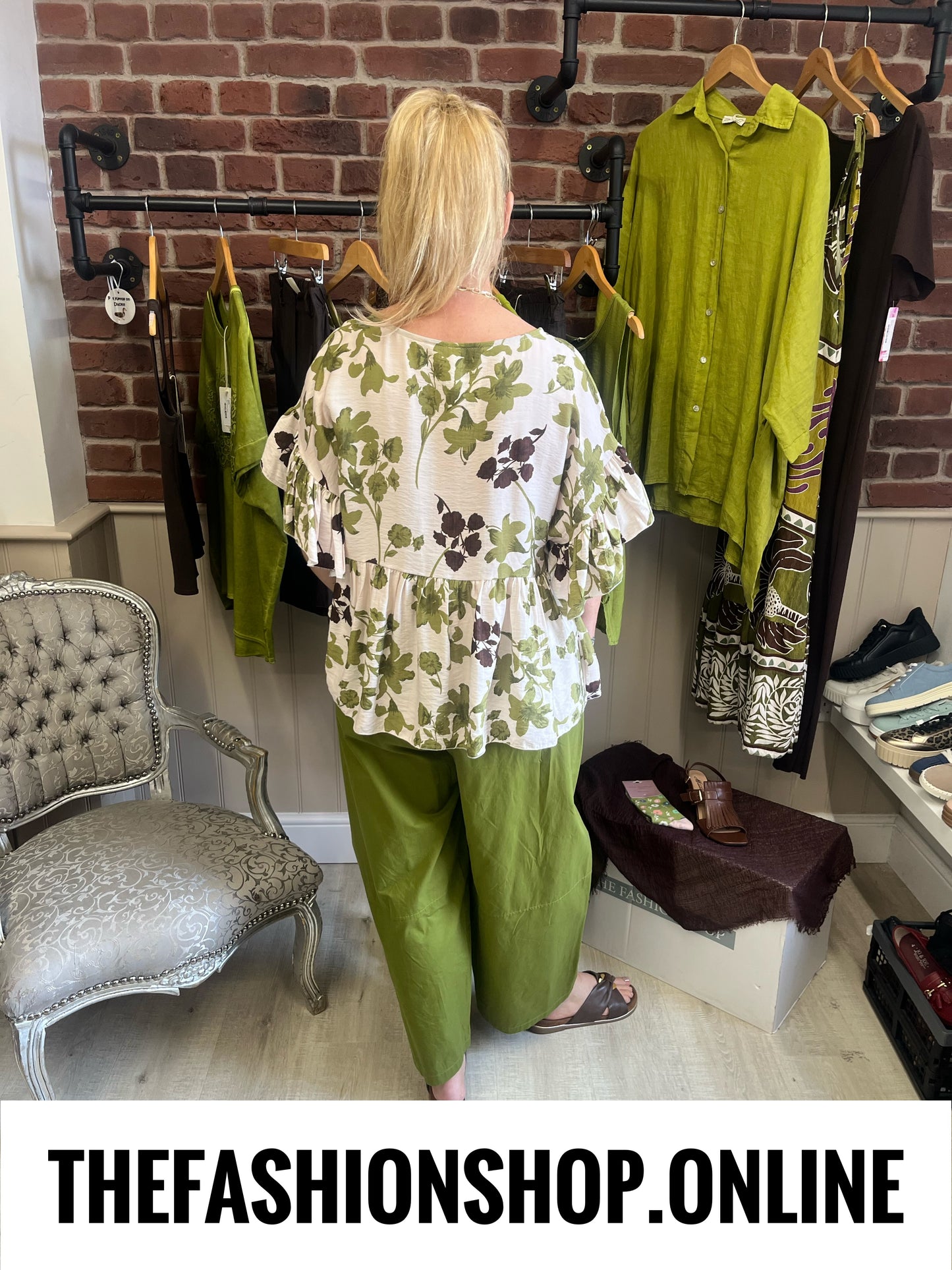 Erica olive and brown floral frill blouse 8-14