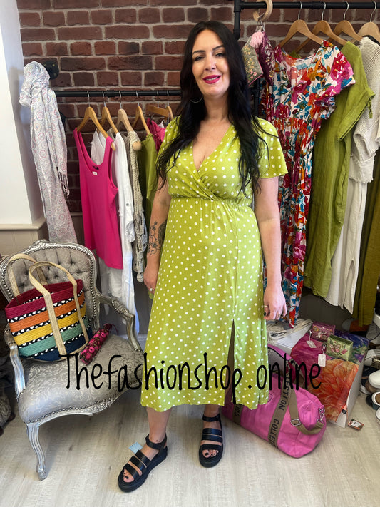 Lime spot dress with side split sizes 10-16