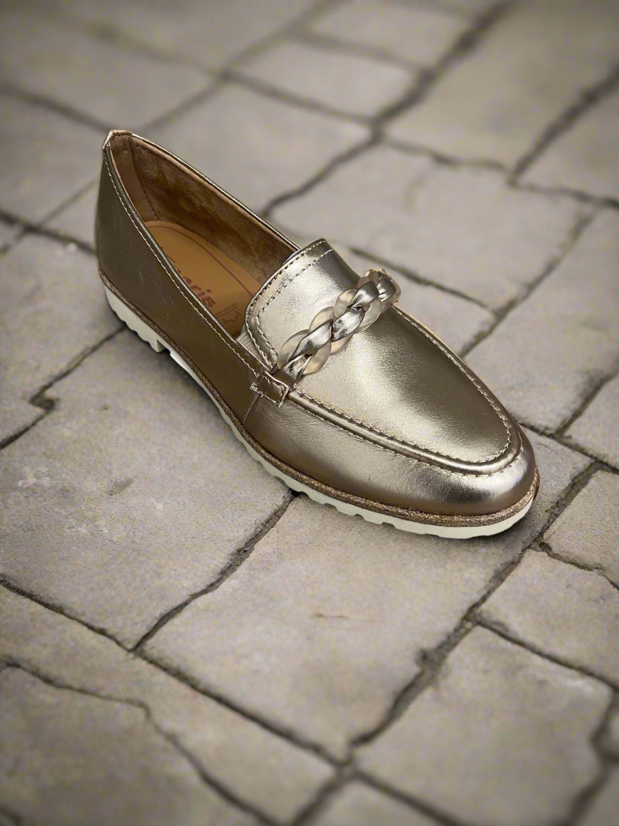 Tamaris gold leather loafer with chain detail sizes 4-9