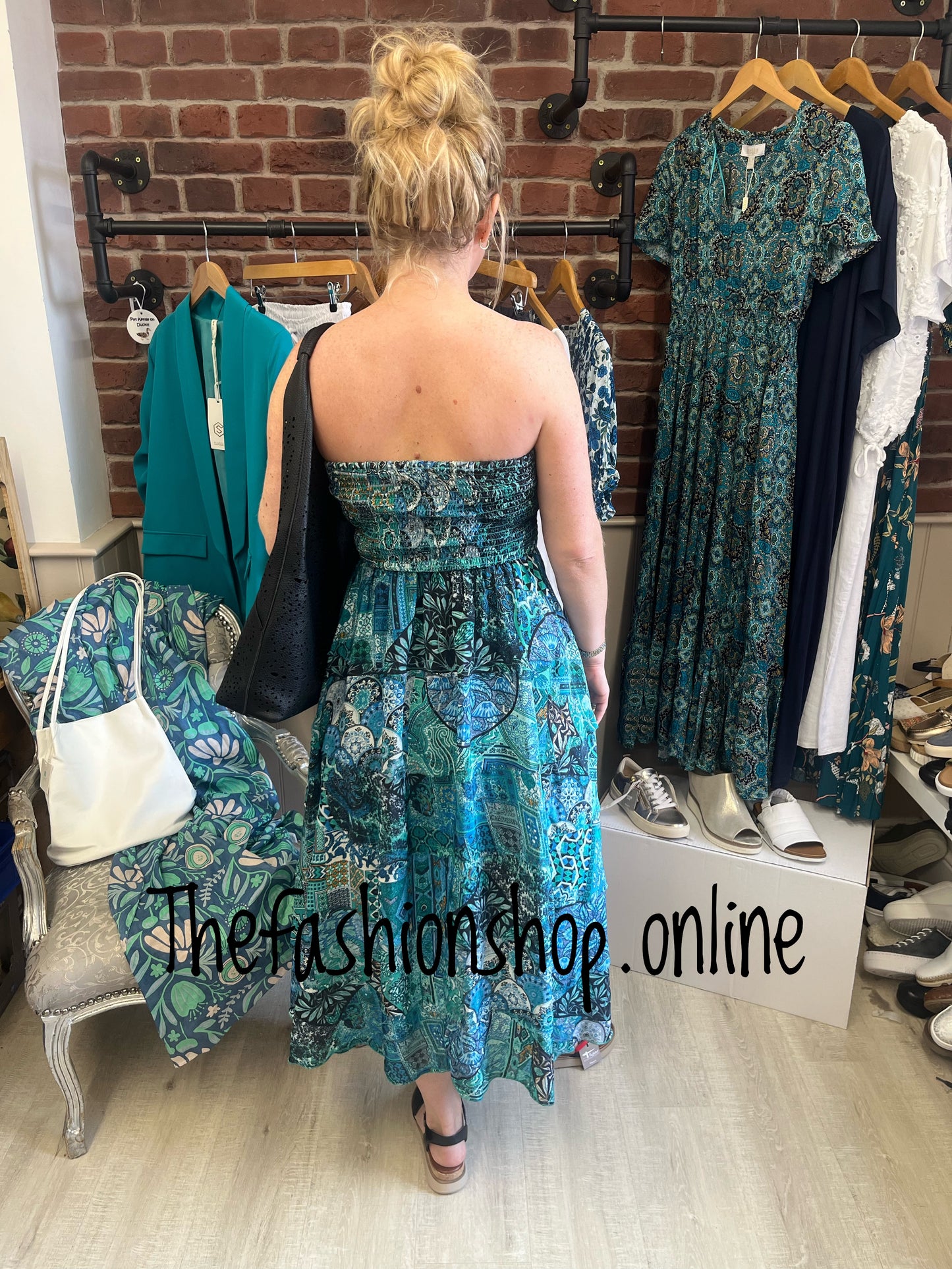 Rachel teal patchwork halter neck dress 8-16