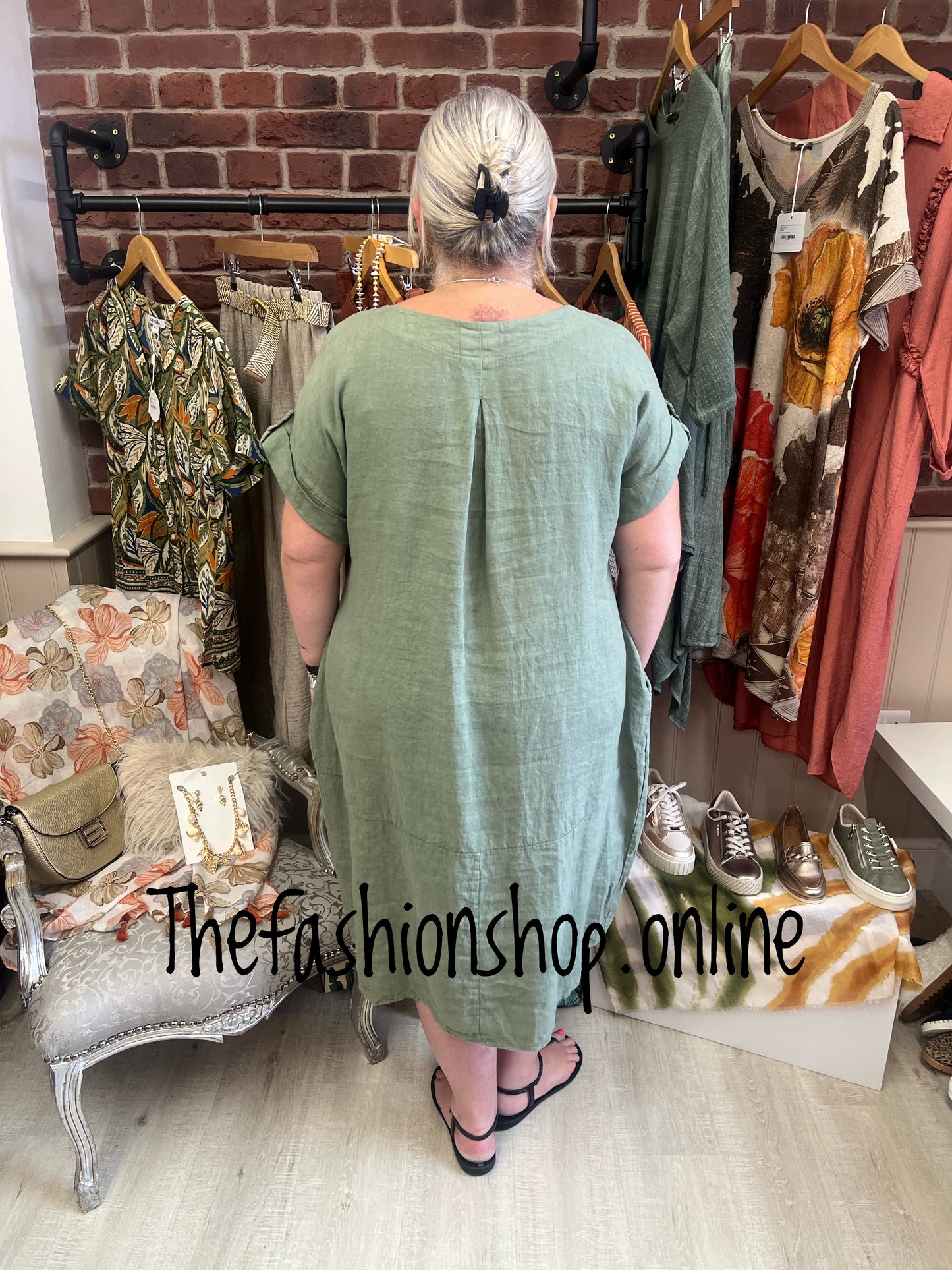 Louisa khaki linen dress 14-20