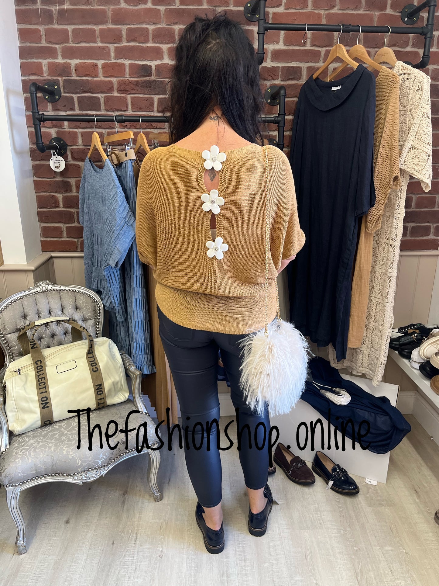 Daisy camel shimmer open back detail top 10-16