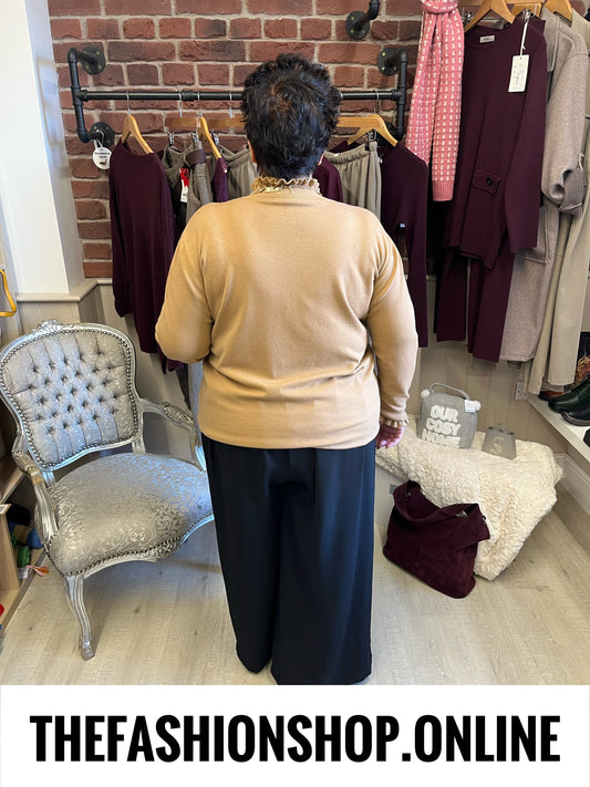 Monroe camel frill neck fine knit jumper sizes 8-14 and 16-22