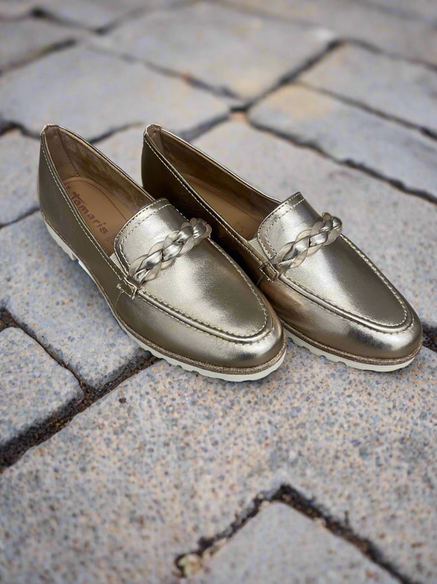 Tamaris gold leather loafer with chain detail sizes 4-9